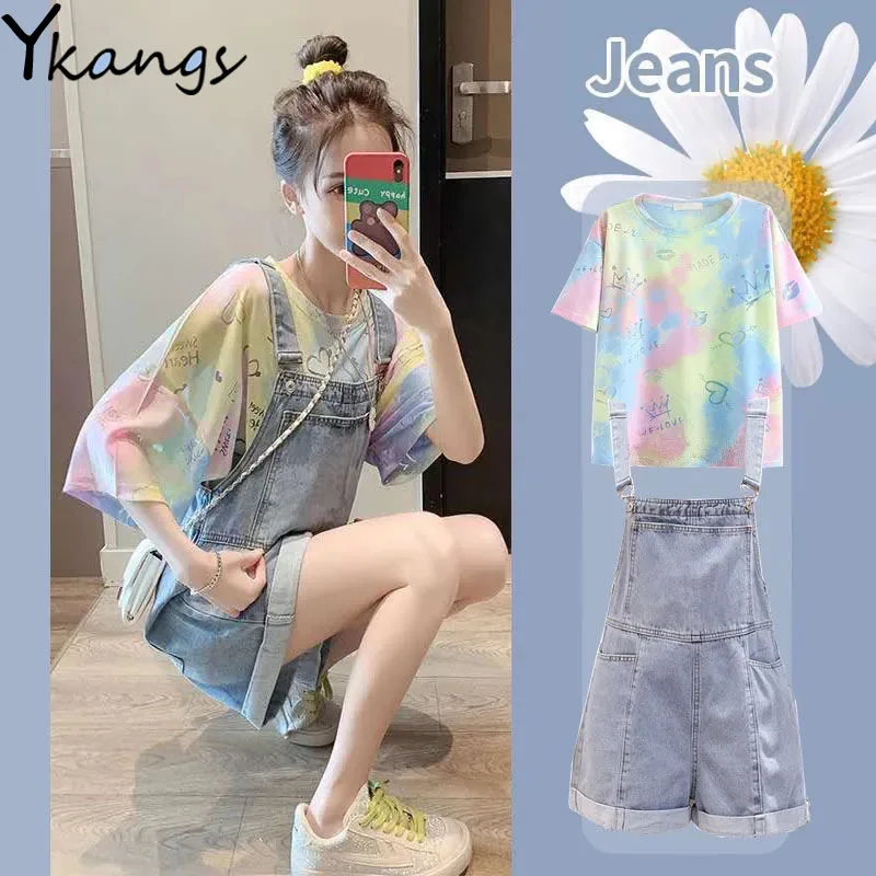 Plus Size Women's Denim Bib Shorts Loose Tie-dye T-shirt Two-piece Suit Korean Casual Campus Style Ladies Tracksuit Shorts Set