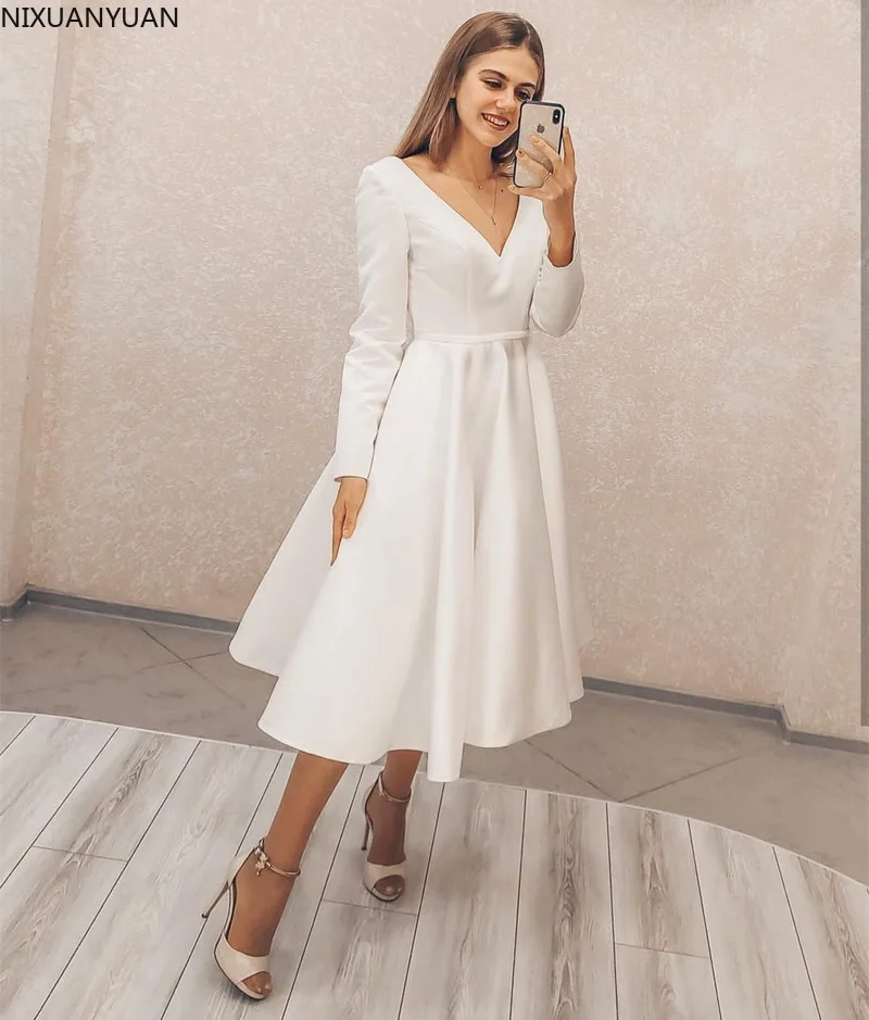 Short Wedding Dress 2021 A-Line Long Sleeve V-neck Simple Boho Vintage for Women Robe De Mariee Bridal Gowns