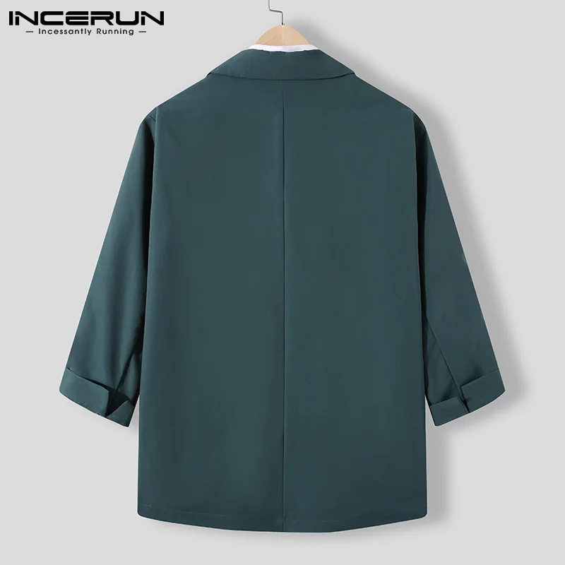 INCERUN Fashion Men Blazer Streetwear Solid Color Lapel 3/4 Sleeve One Button Leisure Suits Men 2023 Casual Thin Jackets S-5XL