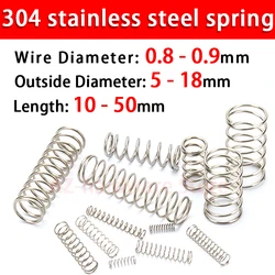 304 Stainless Steel Compression Spring Return Spring Steel Wire Diameter 0.8~0.9mm Outside Diameter 5~18mm 10 Pcs