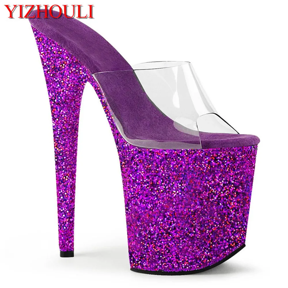 Summer princess party slippers with transparent vamp of 20cm, sexy eight-inch heels, sequined soles, club pole dancing shoes