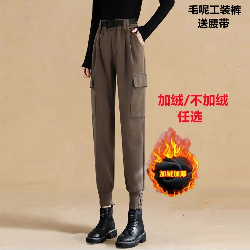 

Long Woolen Cargo Pants Women's Autumn And Winter Velvet Thick Elasticity High-Waisted Loose Casual Trousers With Sashes Pant