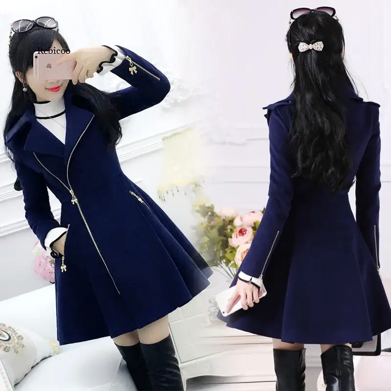 

Autumn Winter Women Coats Dark Blue Lady Clothing Zipper Woolen Coat Mid-Length Slim