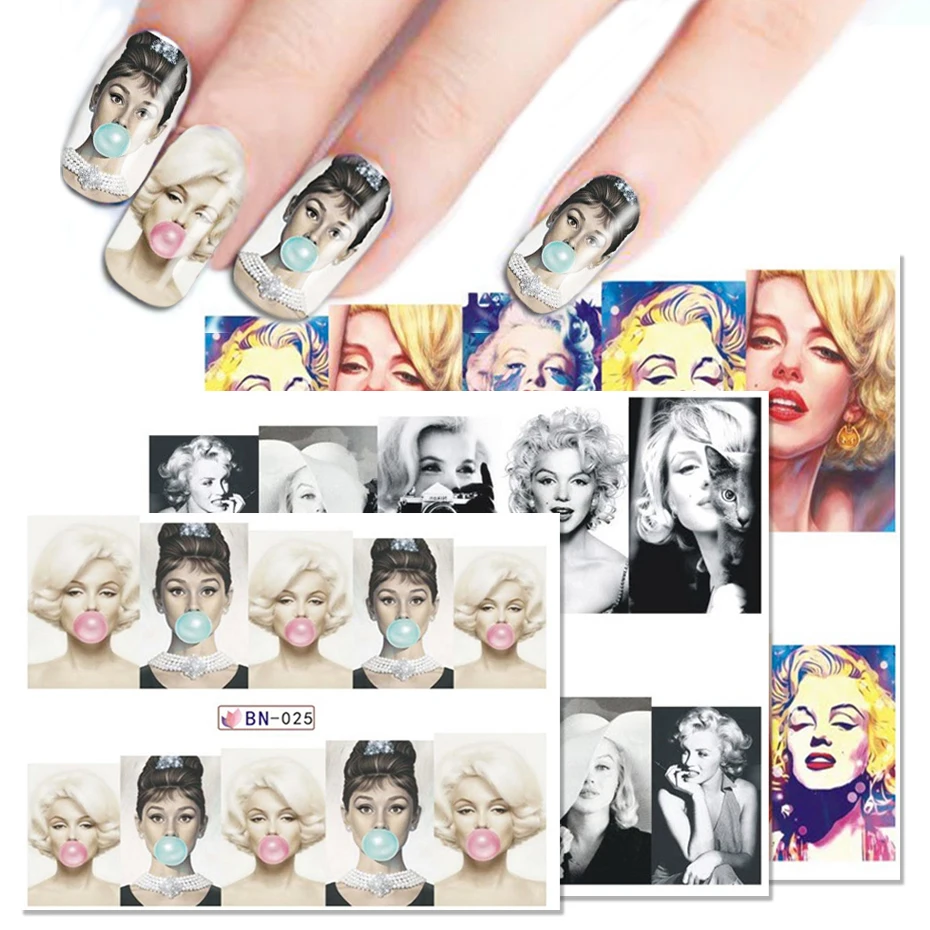 

1pcs Sexy Lady Water Transfer Nail Art Stickers Beauty Woman Marilyn Monroe and Audrey Hepburn DIY Tattoo Manicure Tips NLBN025