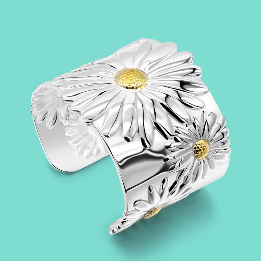 Fashion Sweet 925 Sterling Silver White Daisy Bracelets Personality Minimalist Chrysanthemum Open Bracelet for Women Jewelry Gif