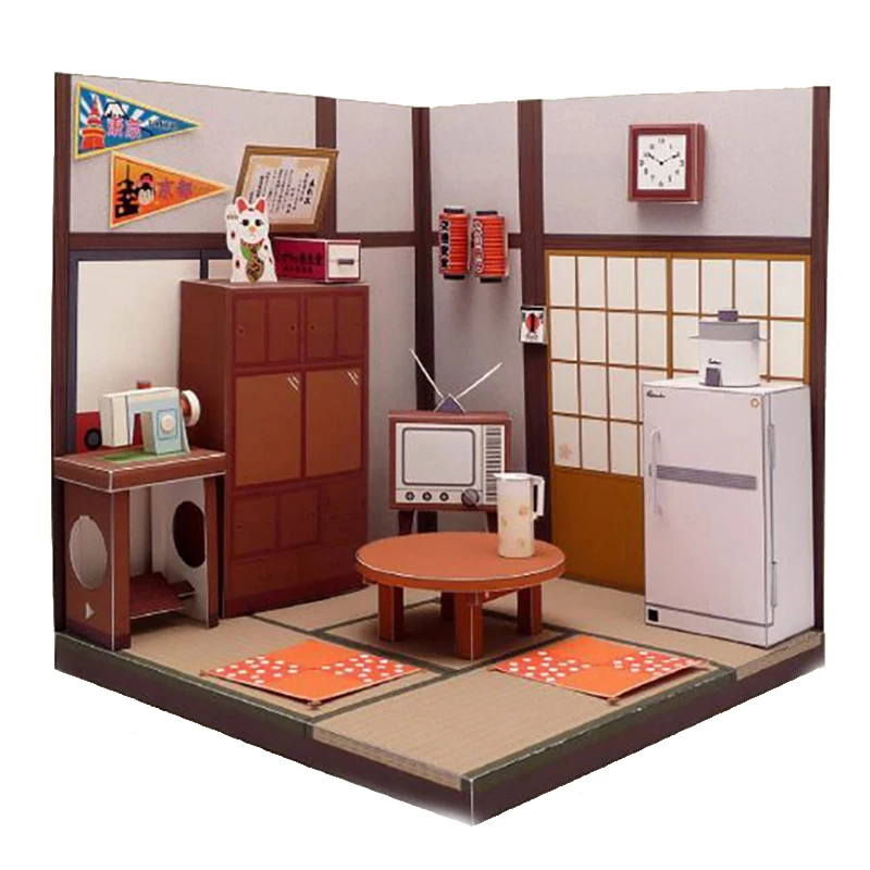 DIY Dollhouse Casa Miniature Furniture Kit Japanese Living Room Paper Model Doll Houses Assemble Toy Children Christmas Gifts
