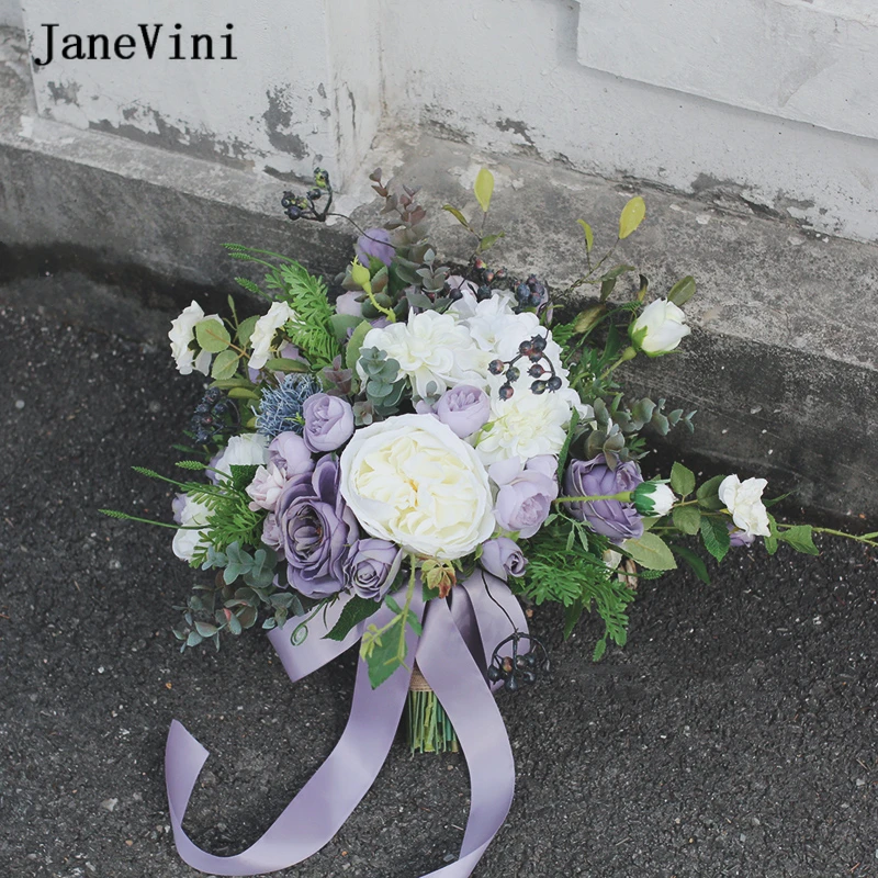 JaneVini Vintage Purple White Bridal Bouquet Handmade Silk Rose Fake Bouquet Flower for Bride Forest Wedding Bouquet Accessories