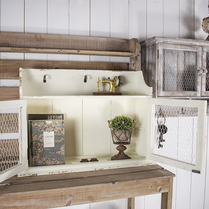 Rustic Antique Wood and Metal Wire Cabinet Two Doors