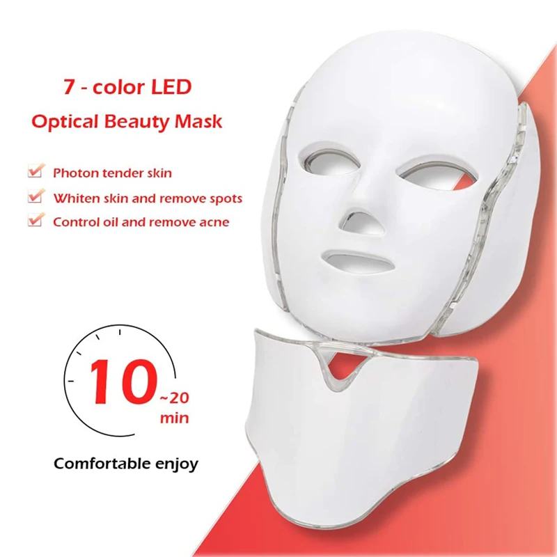 LED Light Facial Mask Machine Terapia de fótons Acne Rosto e Pescoço, Beleza LED Light Treatment, Rejuvenescimento da pele, 7 cores