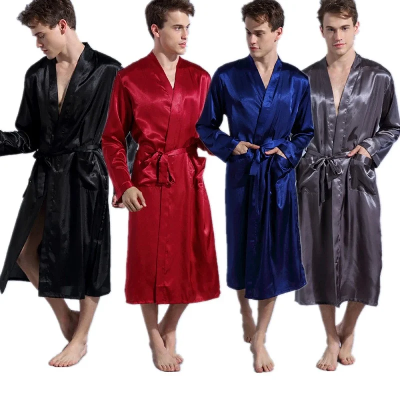 Wholesale Men\'s V Neck Satin Robe Kimono Long Bathrobe Pajamas Nightgown Sleepwear Christmas Robe for Wedding Party T40