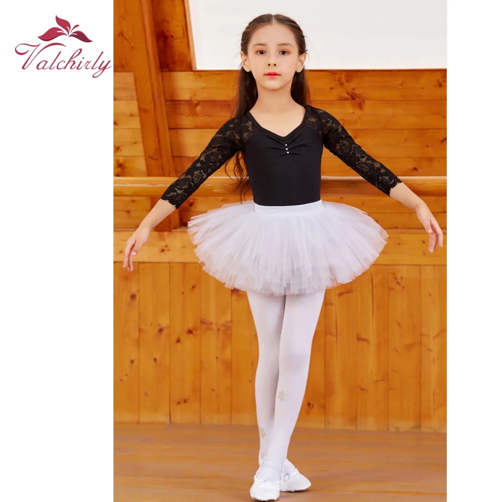 New Pink Ballerina Costume Kids Dance Leotard Tutu Dress  Long Sleeves Flower Lace Dancewear  for Girls