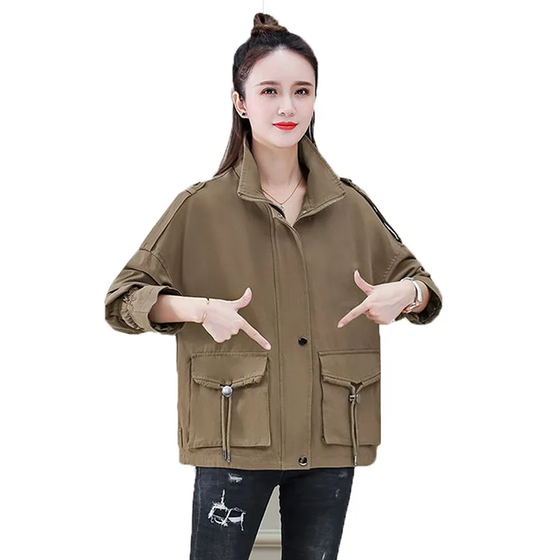 

New 2021 Women's Jacket Mid Long Spring Autumn Chic Short Keep Warm Female Outerwear Zipper Big Pocket Ladies Tooling Coats