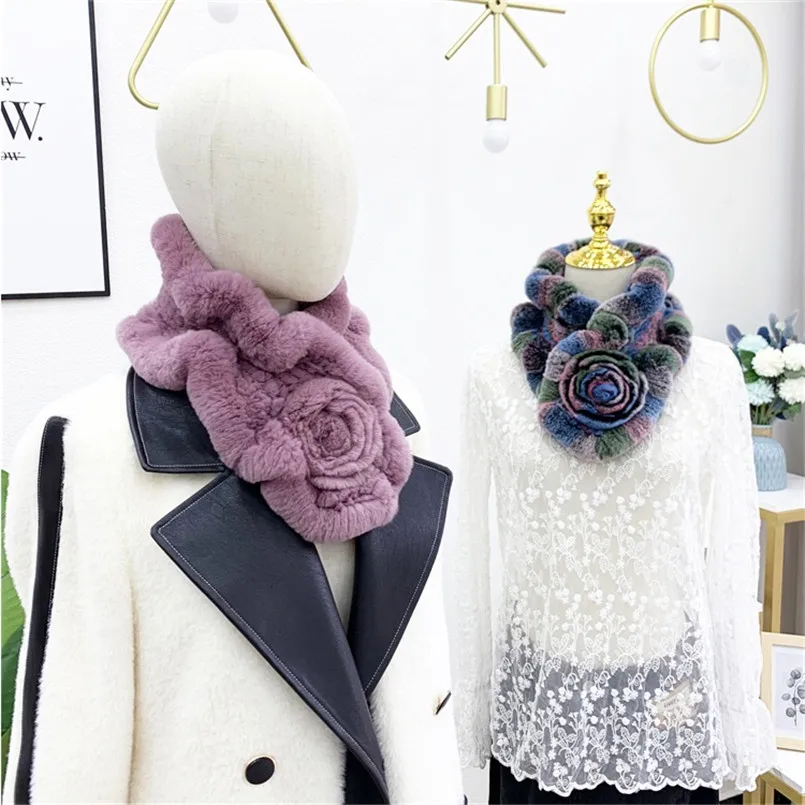 

Real Rex Rabbit Fur Scarf with Rose Flower Women Winter Fur Wraps Collar Shawl Shrug Warmer Hand Knitted Muffler