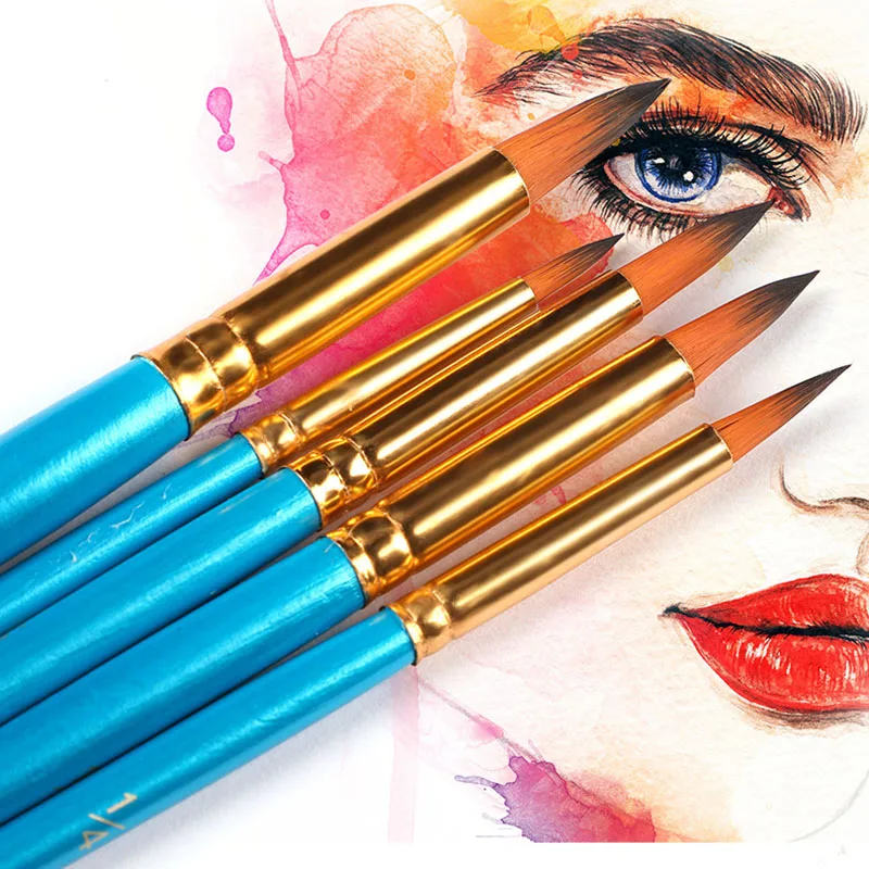 5 pcs set watercolor brush pen nib round head blue short wood nylon hair gouache paint brush set art supplies for painting