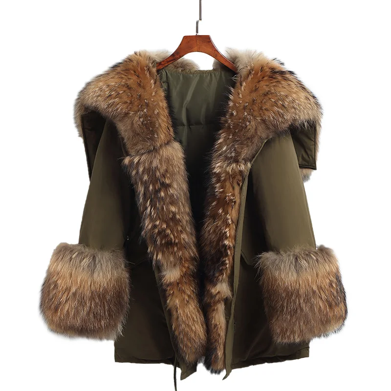 

real fur coat 2024 new HIGH QUALITY Real Raccoon Fur Coat Women Fur Parka Army Green Full Pelt Raccoon Fox Fur Coats 6Xl 7Xl