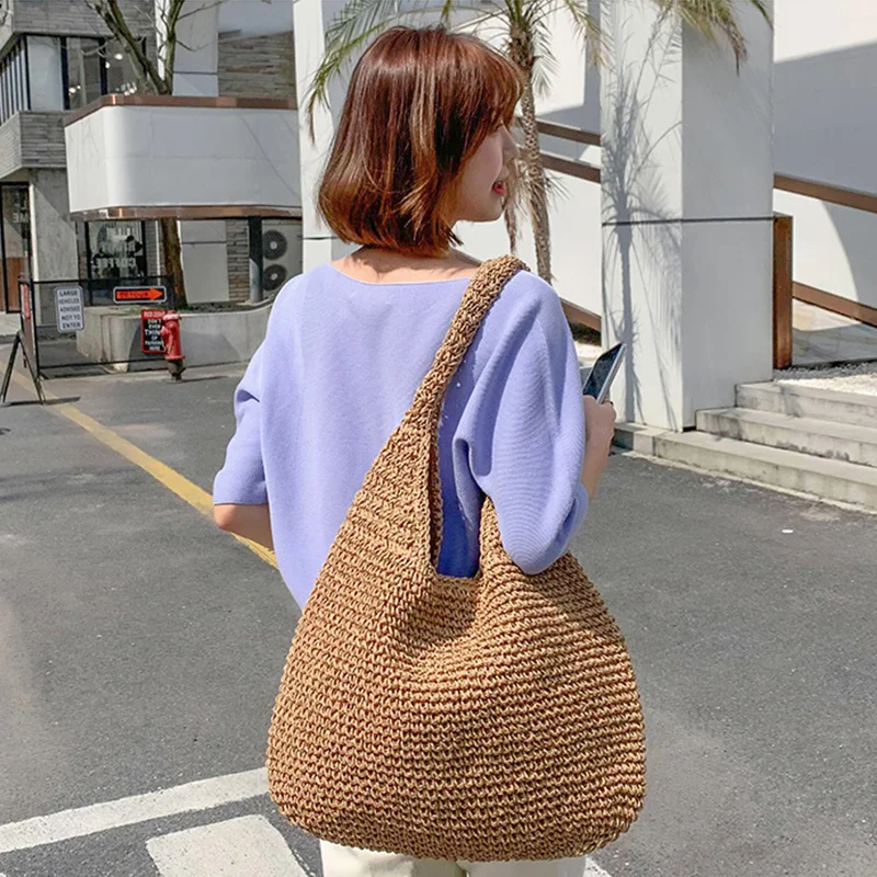 Bolso de paja tejido hecho a mano para mujer, bolso de mano de gran capacidad para mujer, bolso de playa para vacaciones, bolso de hombro de ratán