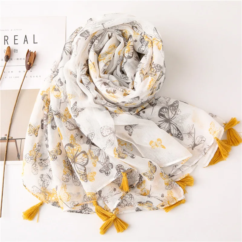 

2020 New Butterfly Print Tassel Scarves Shawls Long Women Soft Animal Print Wrap Scarf Hijab Free Shipping