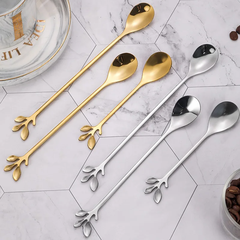 Stainless Steel Spoon Branch Leaves Tea Spoon Fork Coffee Stirring Spoon Kitchen Dessert Ice Cream Spoon Tableware Accessories