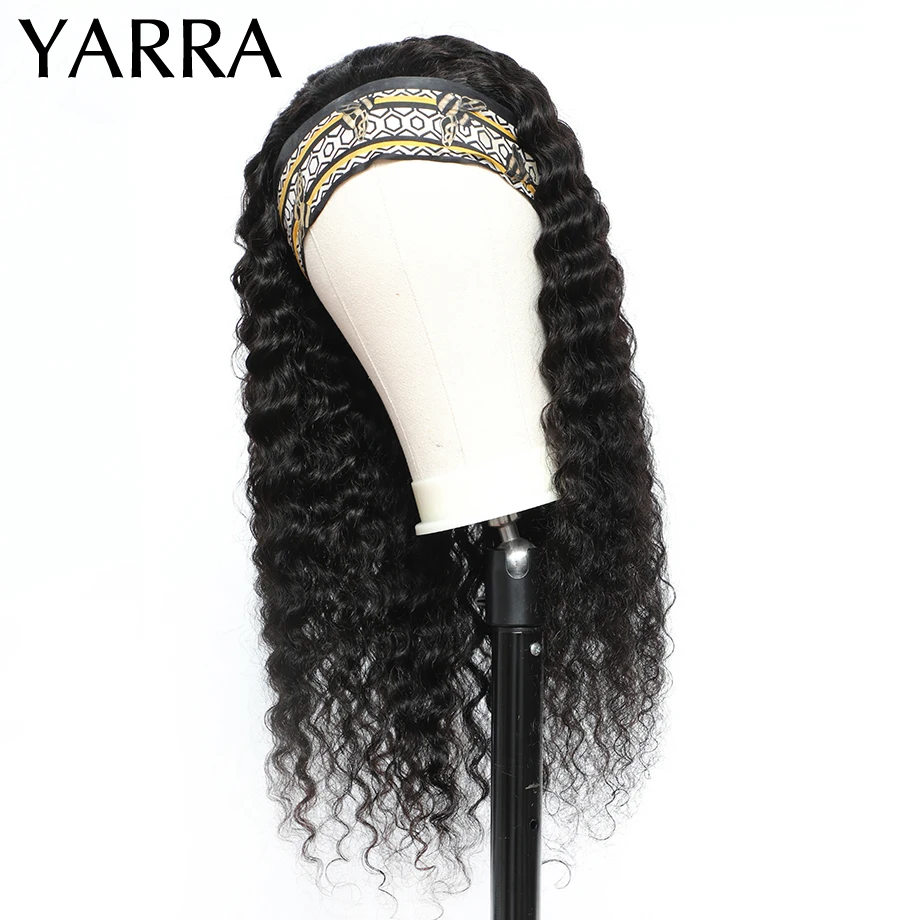 Brazilian Deep Wave Headband Wig Human Hair Curly Wave Wigs with Headband for Black Women No Glue Machine Made Remy Hair Yarra