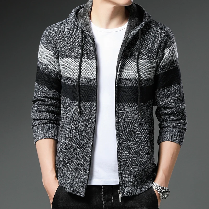 Winter Coat Men\'s Stripe Zipper Knit Cardigan Relaxed Fit Fashion Fleece Warm Jacket Casual Loose 4XL Jumper Hooded Sweater