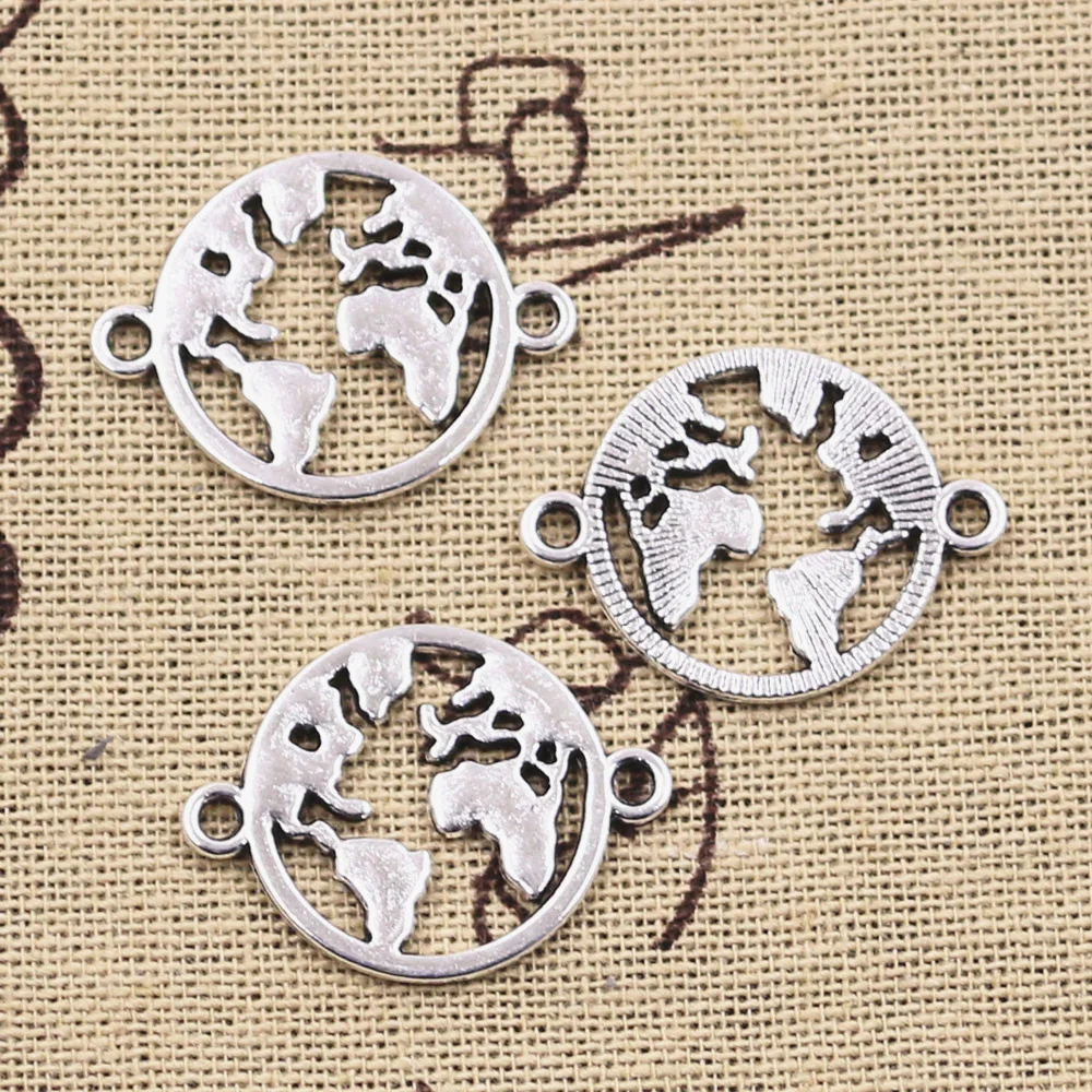 12pcs Charms World Map Link Earth Connector 20x26mm Antique Bronze Silver Color Pendants Making DIY Handmade Tibetan Finding