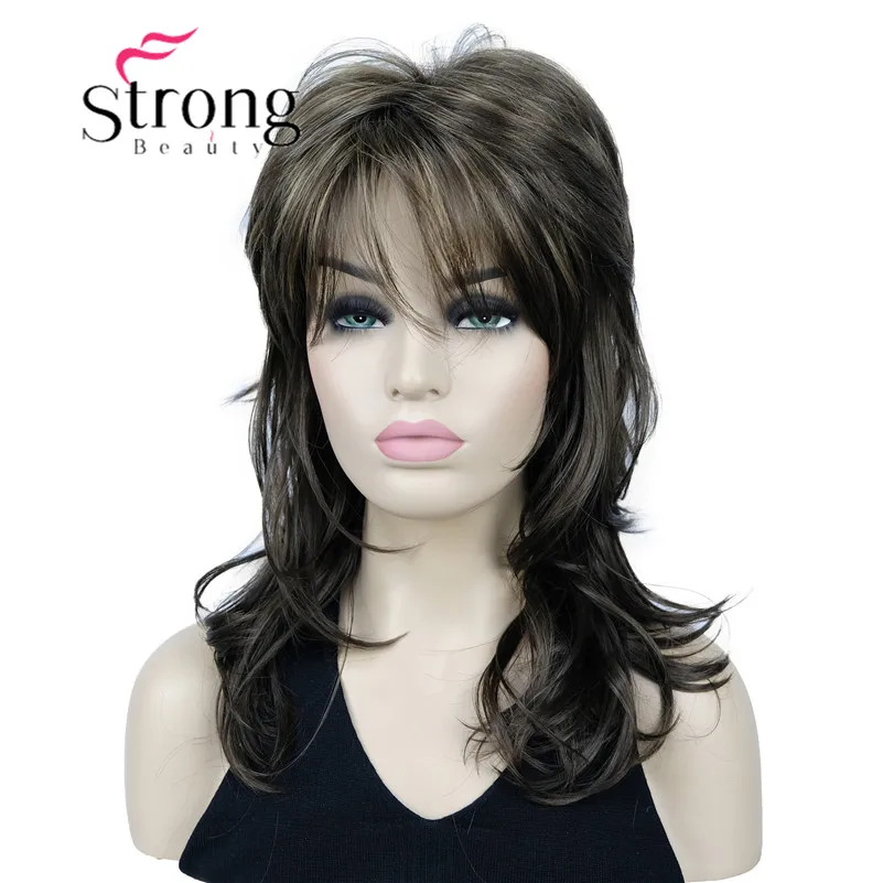 StrongBeauty Brown Highlighted Long Wavy Soft Layered Shag Synthetic Wig for Women