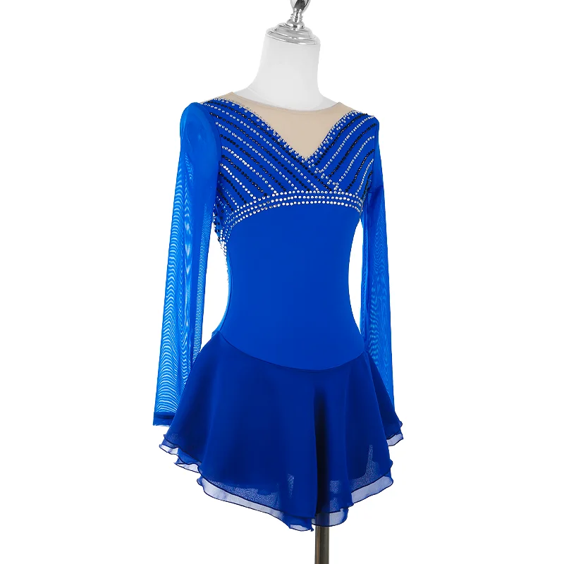 ZAGITOVA Royal Blue Figure Skating Dress Women Girls Ice Skating Skirt V-neck Stripe Rhinestones Mesh Skirt