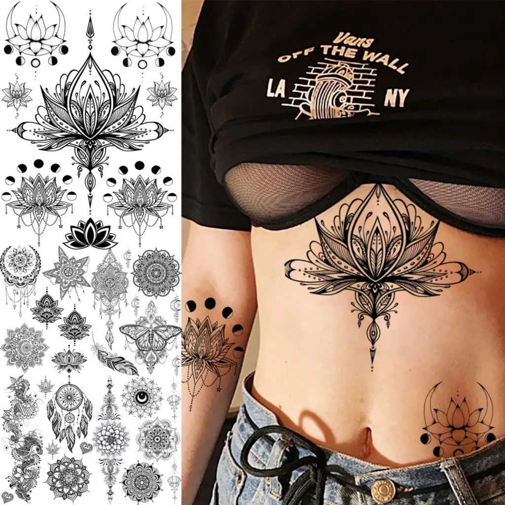 Black Lotus Pendant Sexy Waist Temporary Tattoos For Women Adult Underboob Butterfly Fake Tattoo Sticker 3D Tatoo Paper