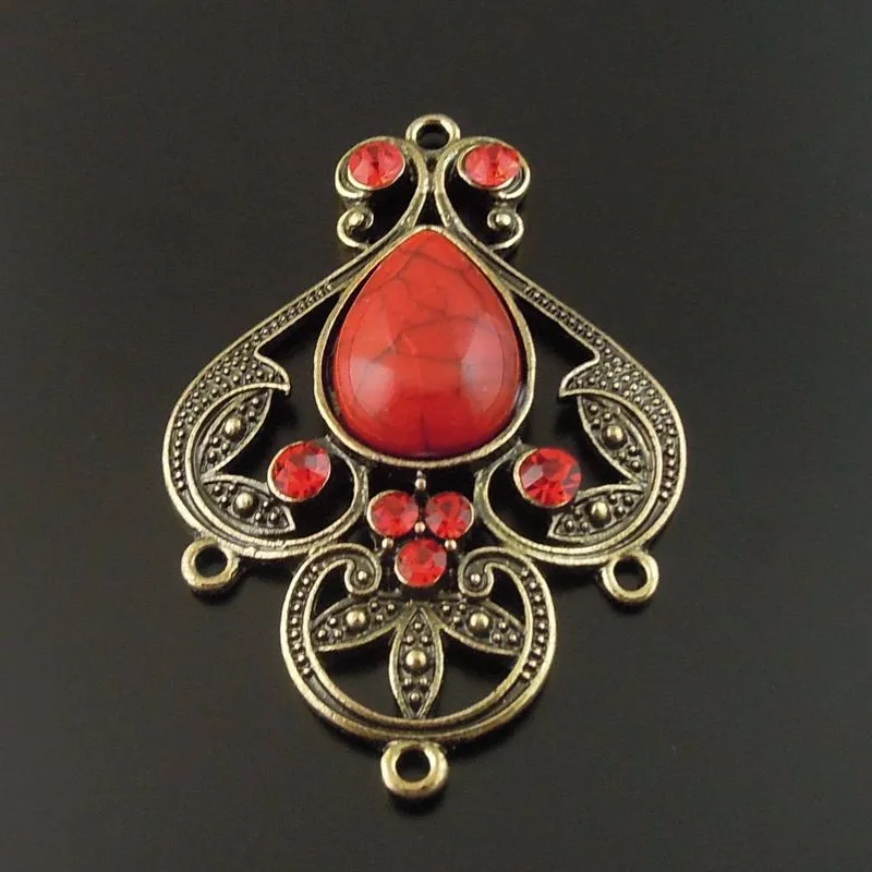 4PCS Vintage Bronze Alloy Connector With Red Rhinestone Pendant Necklace Bracelet Headwear Handmade Jewelry Making Accessory