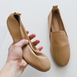 Women's Grandma Shoes Full Grain Leather Low Heel 1CM Simple Design Girls Flats Comfortable Soft Footwear TPR Bottom
