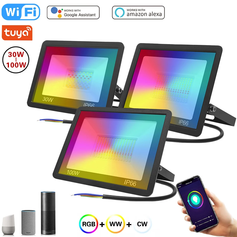 Projecteur LED intelligent Tuya pour la décoration extérieure, budgétaire LED, IP66, WiFi, 220V, 30W, 50W, 100W, télécommande RVB