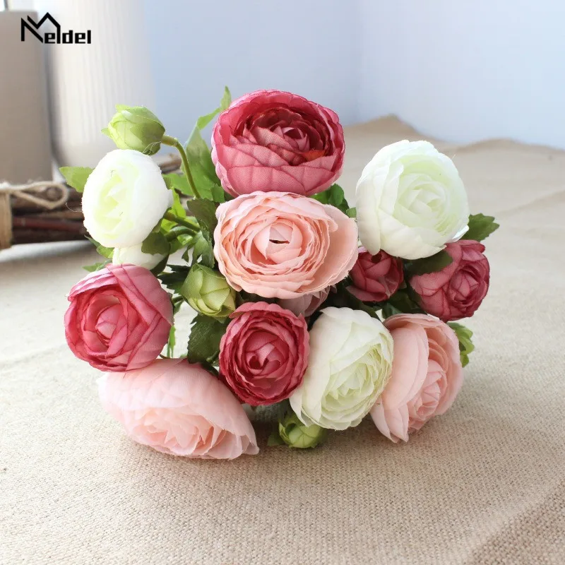 Meldel Artificial Silk Flower 10 Heads Tea Rose DIY Burgundy Bridal Bouquet Wedding Decoration Fake Rose Flower Home Table Decor