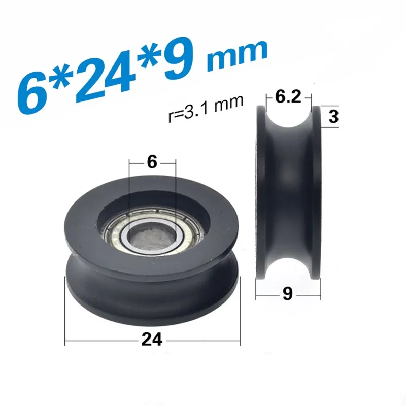 100pcs U groove Plastic coated bearing 696ZZ 6*24*9mm sliding door window POM roller wheel nylon pulley Bore 6mm Diameter 24mm