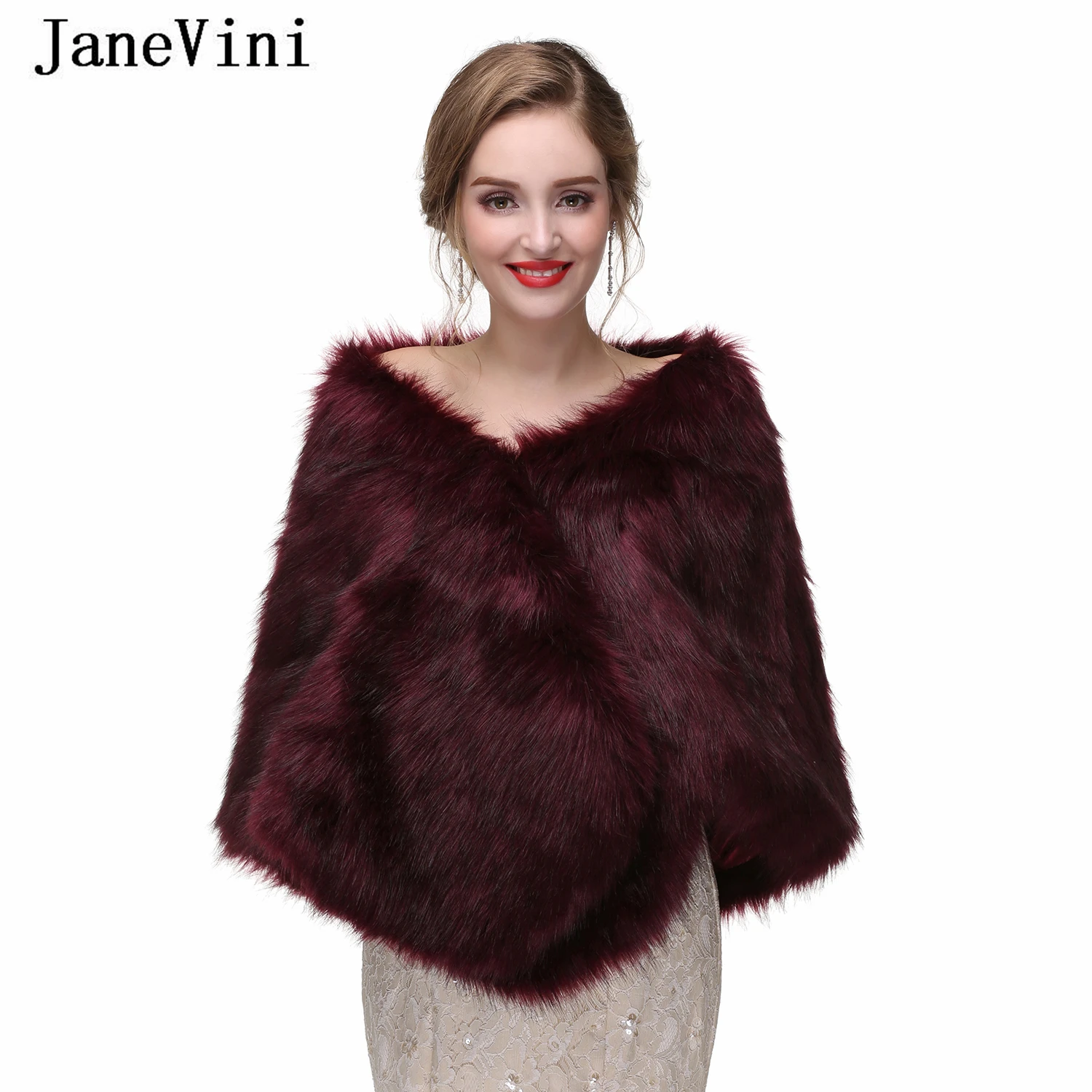 

JaneVini Fashion Grape Women Cape Faux Fox Fur Bridal Shawls Wraps Winter Warm Outerwear Cloak Wedding Evening Boleros Nupciales