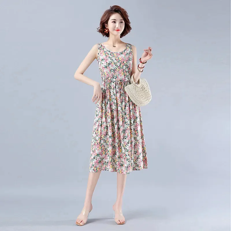 

Summer Print Women Plus Size Dresses 2021 New Bohemian Cotton Silk Casual Floral Seaside Beach Dresses LJ3035