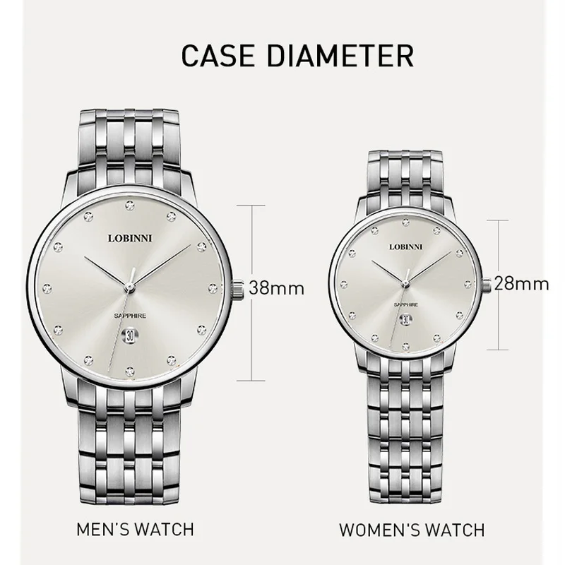 LOBINNI, caja dorada de acero inoxidable, cristal de zafiro, reloj resistente al agua, par de relojes para parejas, relojes de cuarzo MIYOTA para hombres y mujeres
