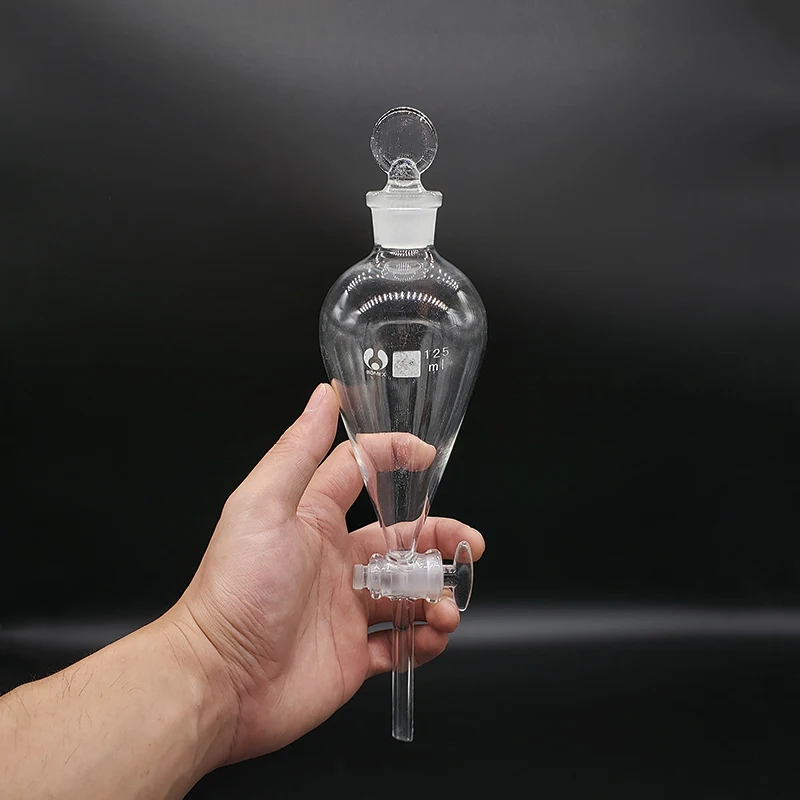 Separatory funnel pear shape,Ground-in glass stopper and stopcock.10ml-125ml-250ml-500ml-5000ml,No tick mark,Glass switch valve