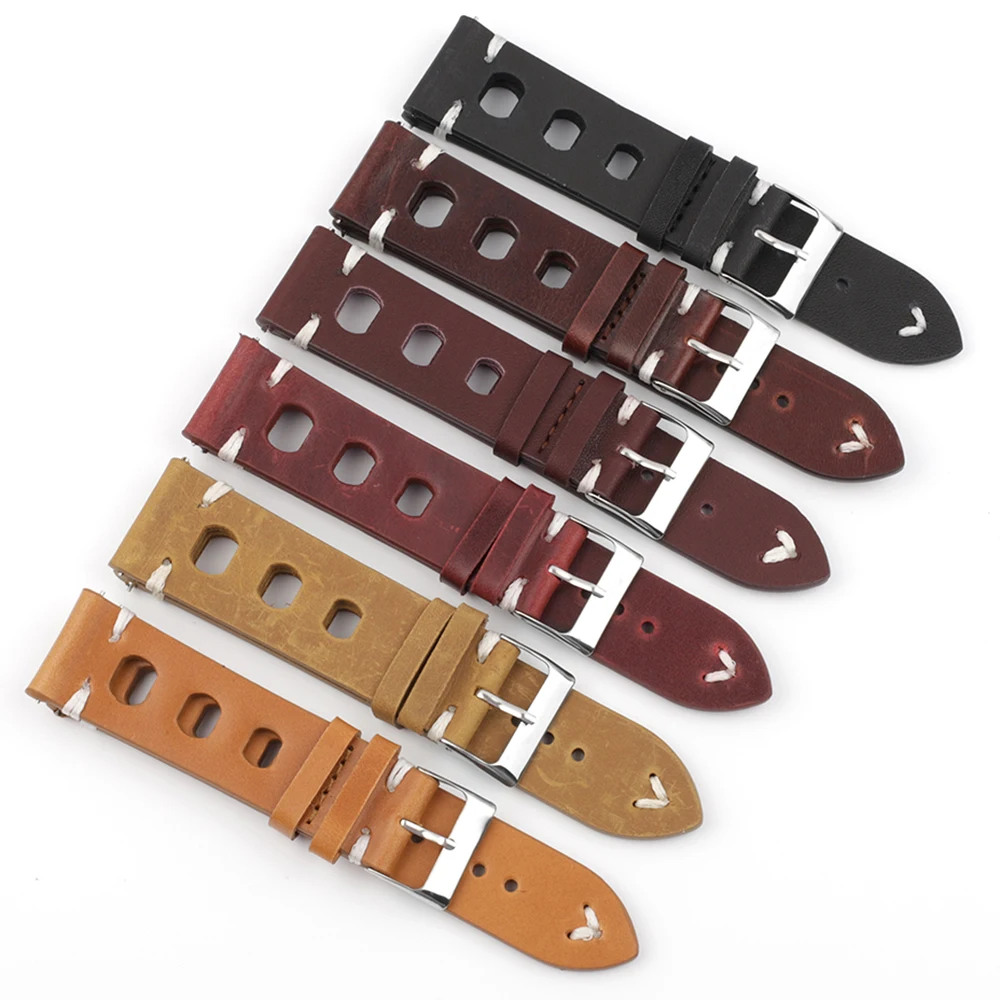 Vintage Watch Strap Porous Breathable Leather Strap Red Black Brown 18/20/22/24mm Quick Release Watch Band Wistband Bracelets