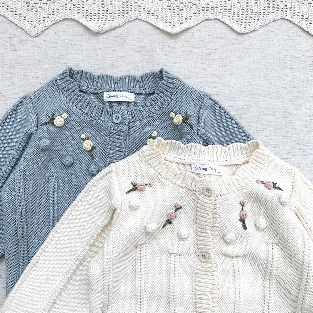 New Autumn Winter Korean Style Toddlers Kids Knitted Sweaters Embroidery Crochet Baby Girls Cotton Cute Cardigan Sweater