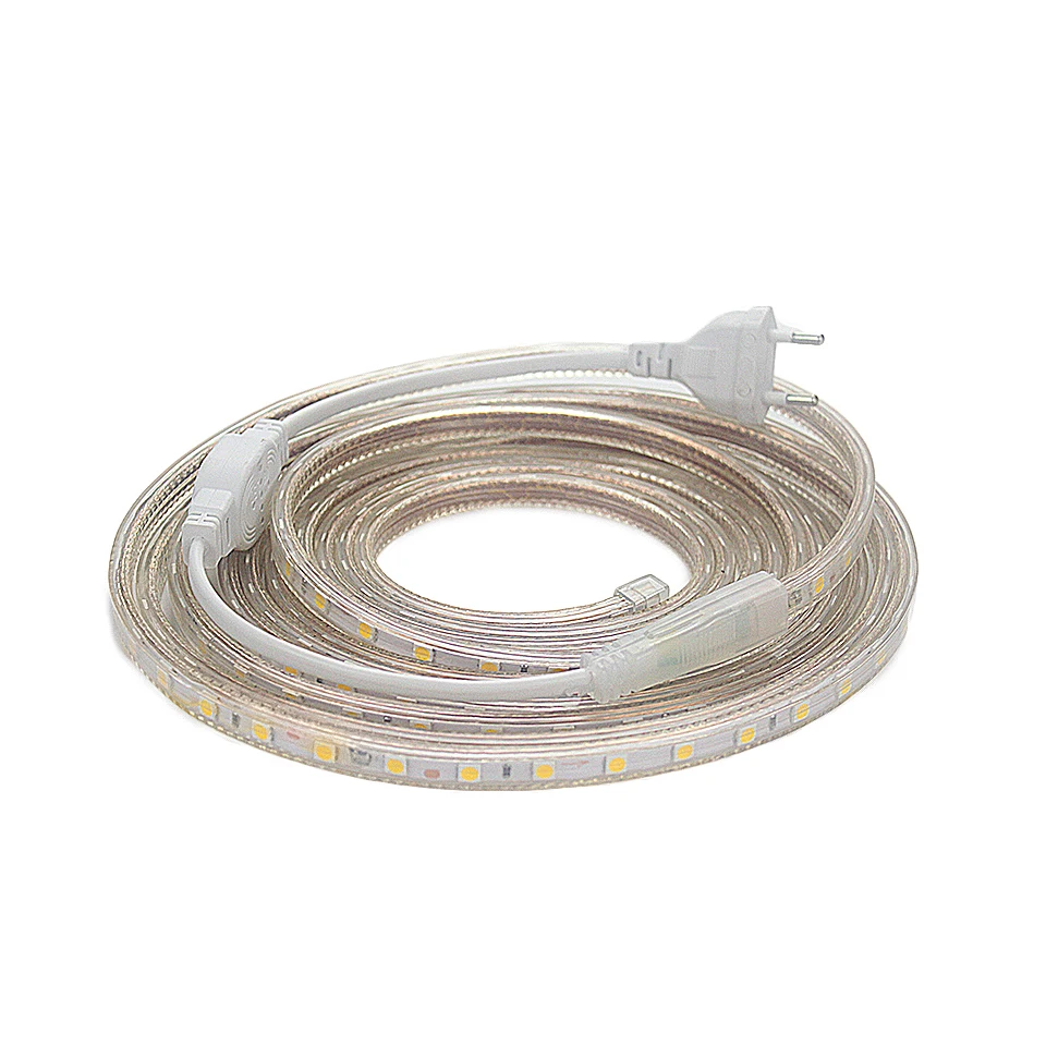 Luz de tira conduzida 5050 220v impermeável conduziu a tira flexível 60 leds/metro iluminação do jardim ao ar livre com tomada da ue 1m/2m/5m/10m/20