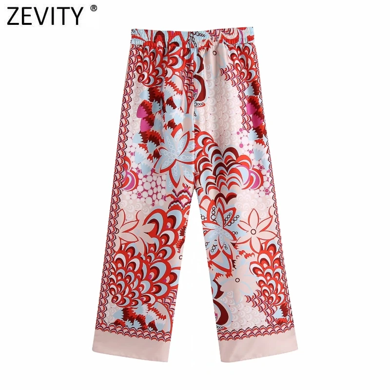 Zevity Women Vintage Totem Floral Print Elastic Waist Casual Wide Leg Pants Retro Female Chic Pocket Summer Long Trousers P1094