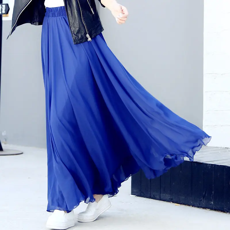 2021 Spring Skirt 3 Layer Chiffon Long Skirts For Women Elegant Casual High Waist Boho Beach Maxi Skirts Saias Femme 80/90/100cm