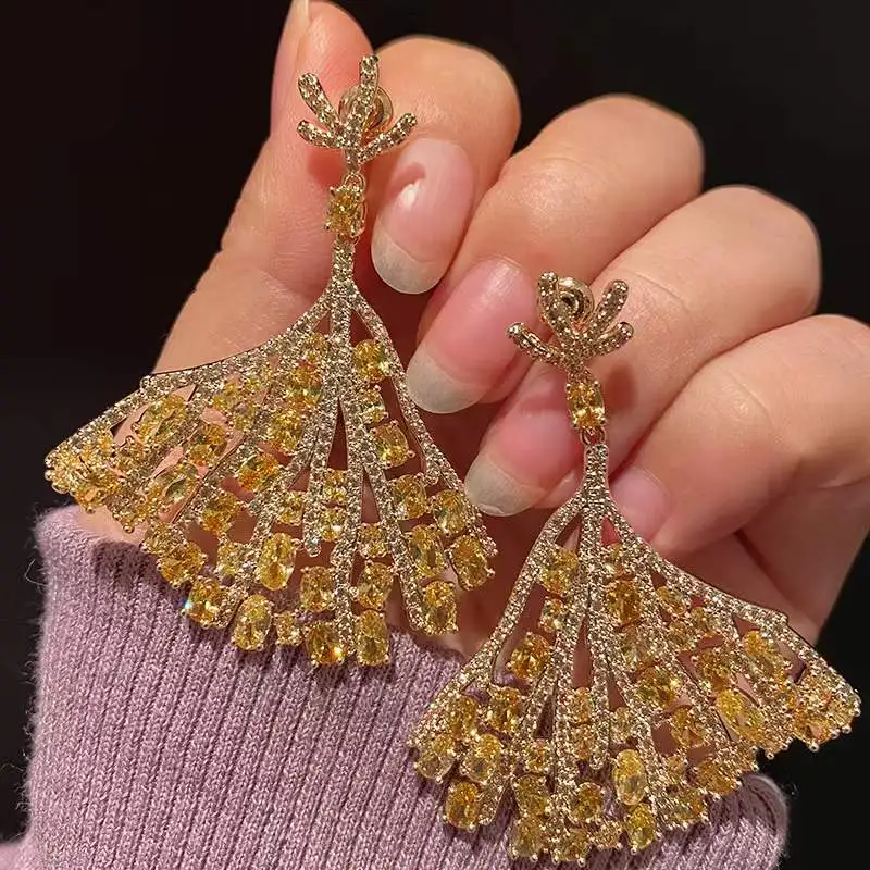 EYER Unique Top Grade Hot Colorful Fan-shaped Cubic Zirconia Long Big Drop Dangle Earrings for Women Wedding Party Jewelry