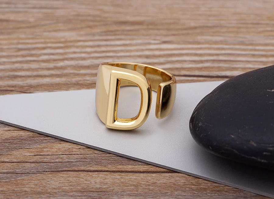 Trendy Hollow A-Z Letter Gold Color Adjustable Opening Ring Initials Name Alphabet Female Chunky Wide Party Wedding Jewelry