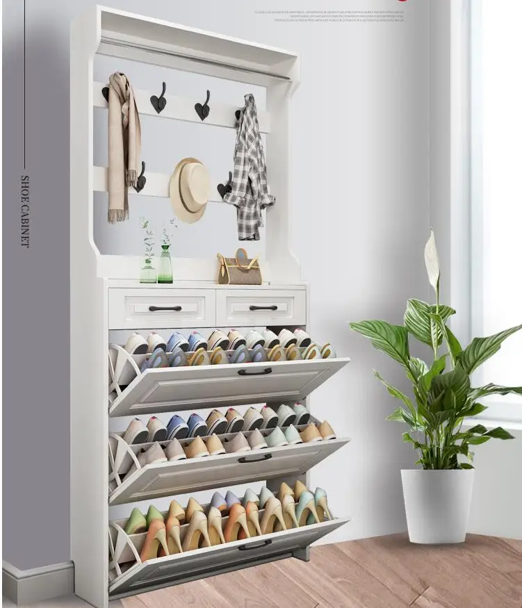 Shoe cabinet white with coat rack flip bucket shoe cabinet with drawer large capacity and space saving storage shoe shelf