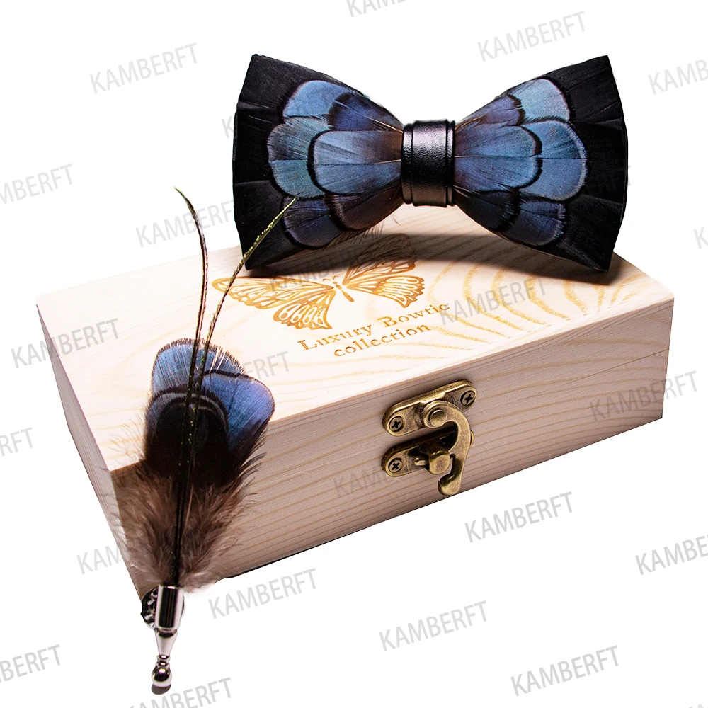 KAMBERFT 67 style New Design Natural Feather Bow tie Exquisite HandMade Mens BowTie Brooch Pin Wooden Gift Box Set for Wedding