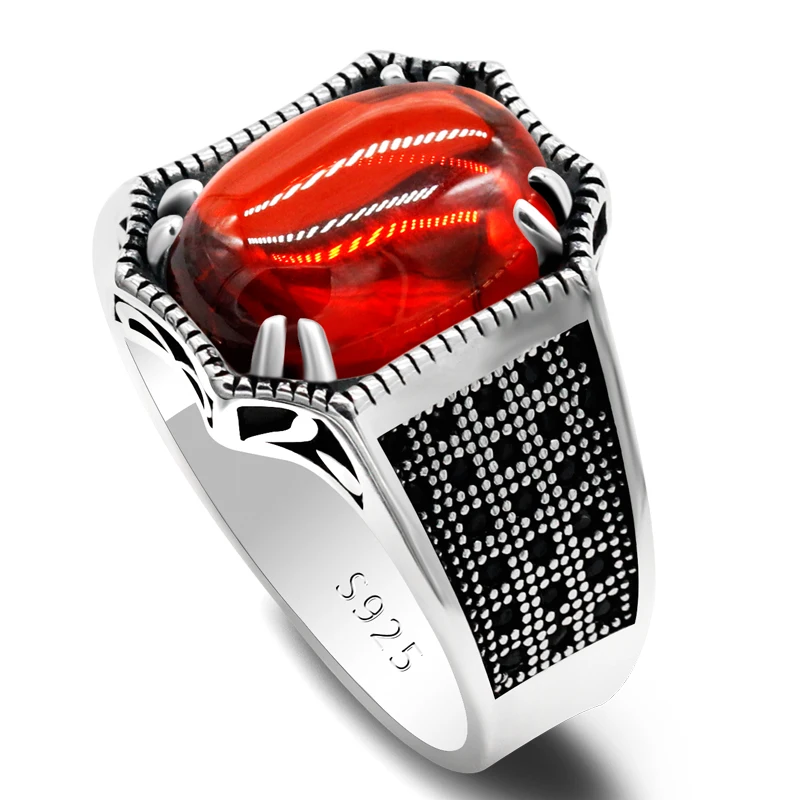 925 Sterling Silver Ring for Men Zircon Stone Jewelry Fashion Vintage Gift Onyx Aqeq Mens Rings Red Stone Turkish Jewelly