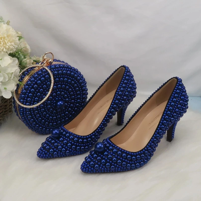 Royal Blue Pearl Pumps Women Wedding Shoes With bag Set Thin High Heels Pointed Toe Bridesmaid Party Dress Shoes and Handbag