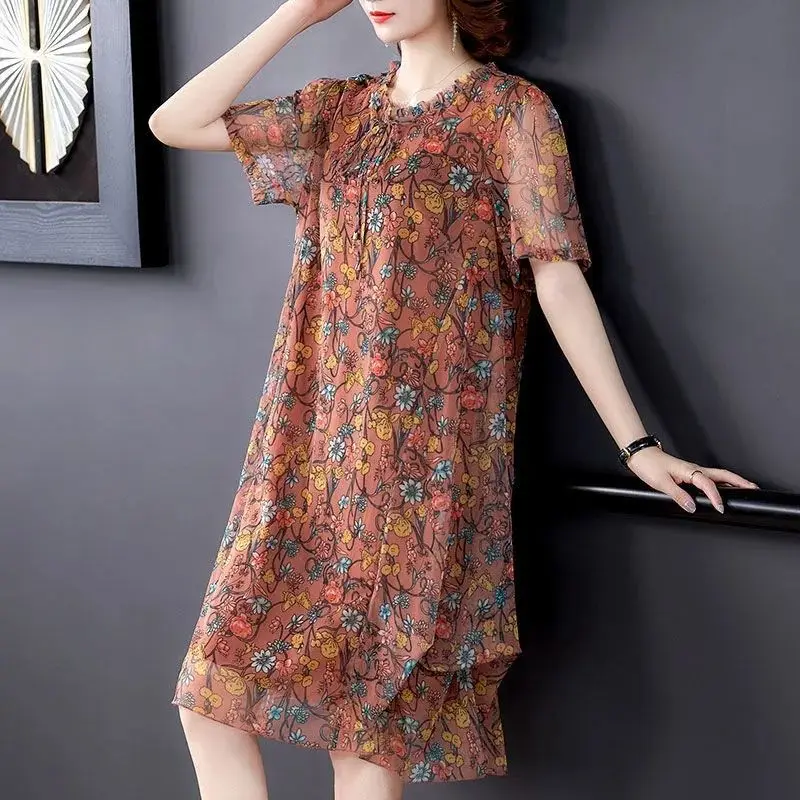Short Sleeve Summer Dress 2022 Small Floral Net Yarn Loose Mother's Dress Print Dresses For Women Blue Long Dress Black 218