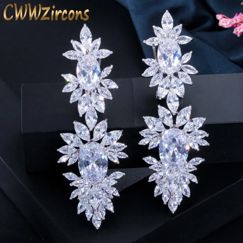 CWWZircons Luxurious Clear Cubic Zircon Stone Setting Long Wedding Drop Dangle Earrings with Marquise Shape Zirconia CZ322